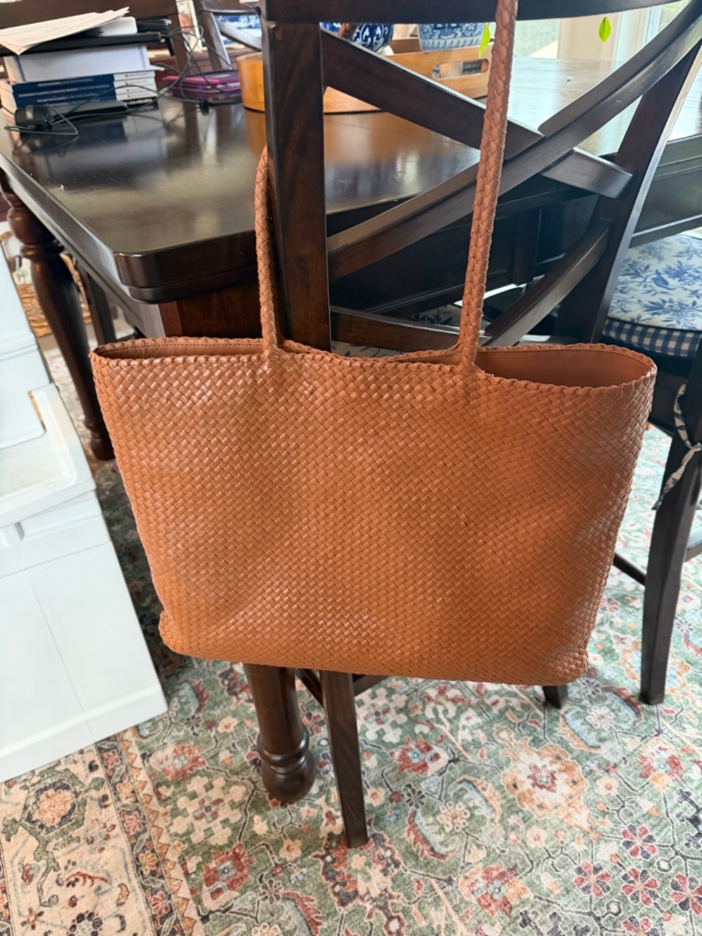 Woven Leather Tote Bag - Cognac Brown